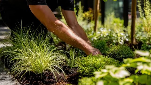 Medium shot capturing hands arranging sleek geometric plant layouts for a modern perennial border design in a stylish yard.