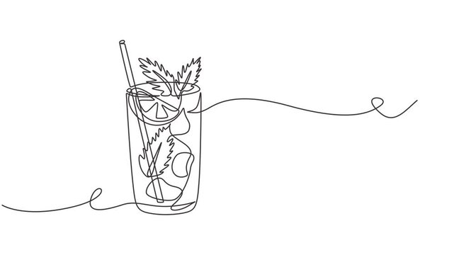 Cold Mojito Cocktail with lime continuous one line drawing animation, Glass of cocktail in continuous one line drawing. Mojito and beverage bar in simple linear style. Alcohol drink menu in editable