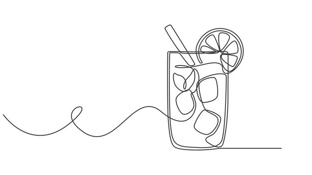 Cold Mojito Cocktail with lime continuous one line drawing animation, Glass of cocktail in continuous one line drawing. Mojito and beverage bar in simple linear style. Alcohol drink menu in editable