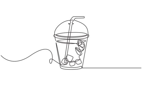 Cold Mojito Cocktail with lime continuous one line drawing animation, Glass of cocktail in continuous one line drawing. Mojito and beverage bar in simple linear style. Alcohol drink menu in editable