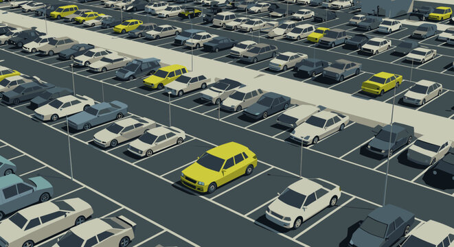 A large parking lot is filled with numerous cars, with bright yellow vehicles standing out among the dark automobiles, depicting urban transport.