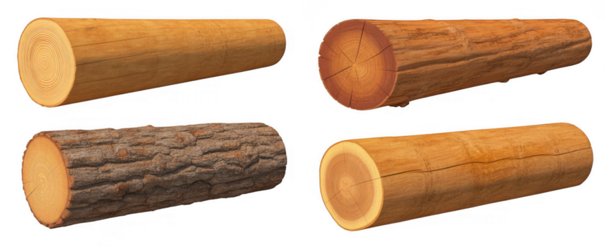 Four wooden logs showing different textures and cross sections isolated on a transparent background timber