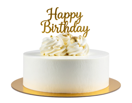  Elegant white fondant birthday cake with golden topper text “Happy Birthday”, isolated on a transparent background, PNG