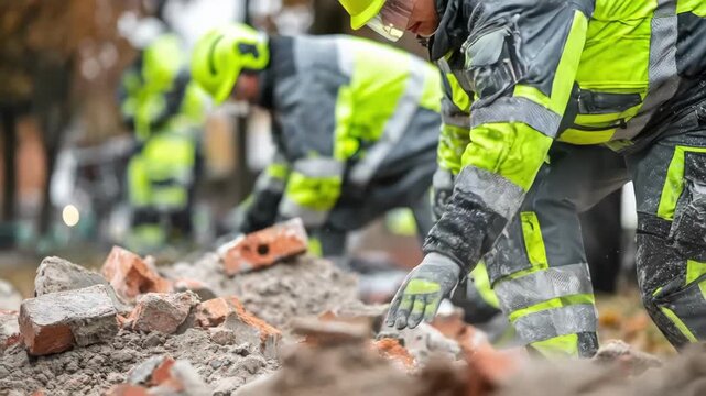 Medium shot capturing ecoconscious workers separating concrete and bricks onsite showcasing environmentally friendly practices in green demolition waste management.