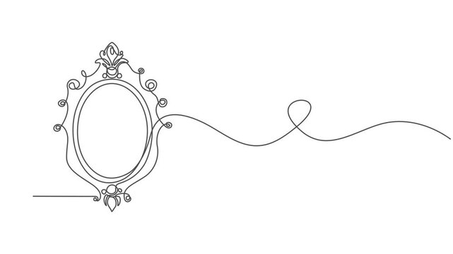 mirror continuous one line drawing animation, Animated Hand mirror in continuous one line drawing style minimalist black and white illustration, full length one line animation, self drawing a tabletop