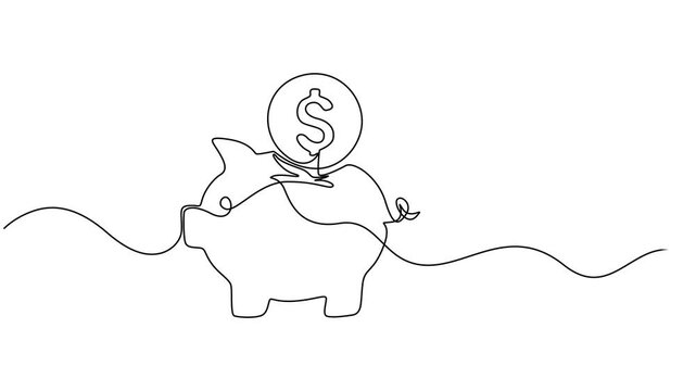 piggy continuous one line drawing animation, Piggy bank with dollar coin continuous one line drawing animated video. Saving money concept animation. Investment symbol, Abstract little pig, piglet.