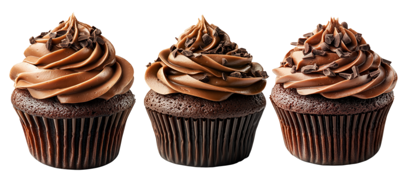 Tasty chocolate cupcake with rich swirled frosting and chocolate flakes isolated on white transparent background - Powered by Adobe