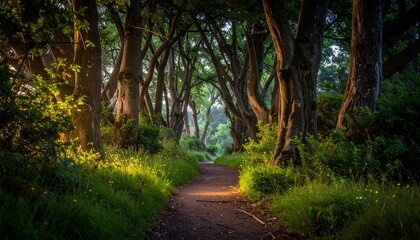 Naklejka premium Sunlit Forest Path Winding Through Twisted Trees and Lush Greenery in Peaceful Morning Light