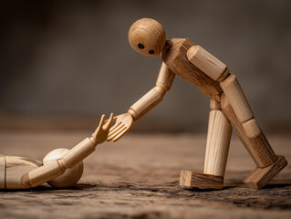 Wooden mannequin reaching hand to help fallen figure, symbolizing kindness, trust, and emotional assistance in human compassion and connection.