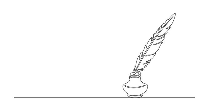 feather continuous one line drawing animation, Self drawing line animation Retro inkwell and feather continuous one single line drawn concept, Inkwell and pen continuous line drawing. One line feather