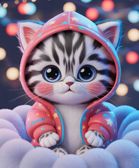 3D illustration of a big eyed tabby kitten wearing a pink hoodie with stars. The character sits on a soft, fluffy cloud against a colorful, festive bokeh background, creating a magical and cozy mood.