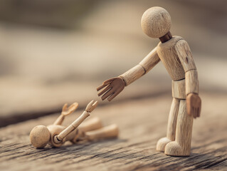 Wooden mannequin reaching hand to help fallen figure, symbolizing kindness, trust, and emotional assistance in human compassion and connection.