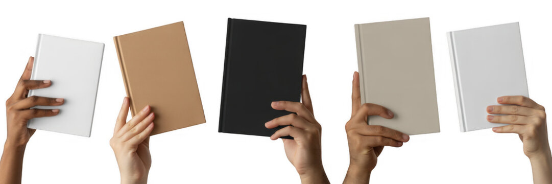 Hands holding blank books isolated on a transparent background