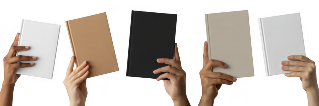 Hands holding blank books isolated on a transparent background - Powered by Adobe