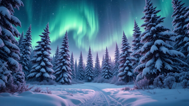 Snowy pine forest under northern lights, winter landscape with aurora borealis