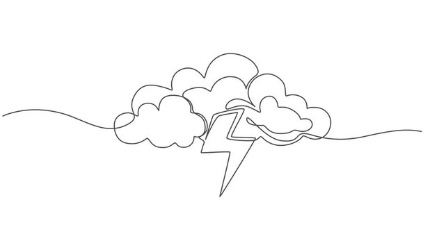 Thunderstorm cloud continuous one line drawing animation, Self drawing animation of single continuous line draw flashing thunderbolt with heavy cloud in the sky. Daily natural weather phenomena