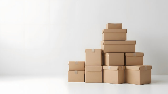 Stacked cardboard boxes on white background, minimalist packaging and shipping concept