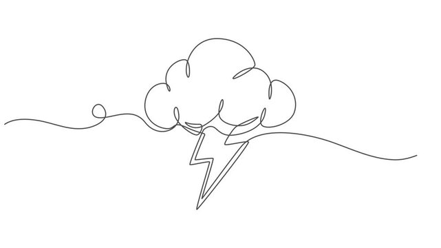 Thunderstorm cloud continuous one line drawing animation, Self drawing animation of single continuous line draw flashing thunderbolt with heavy cloud in the sky. Daily natural weather phenomena
