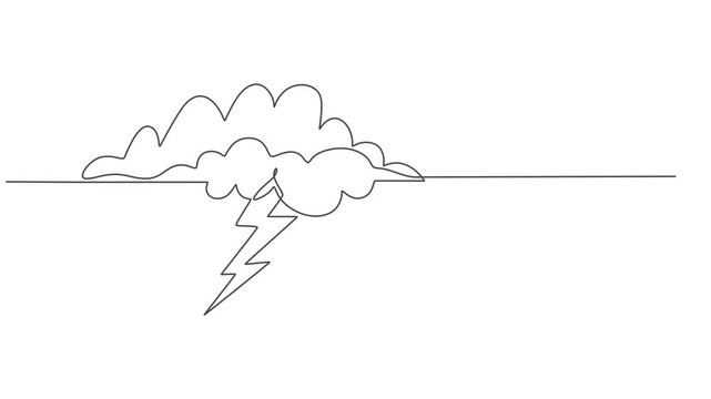 Thunderstorm cloud continuous one line drawing animation, Self drawing animation of single continuous line draw flashing thunderbolt with heavy cloud in the sky. Daily natural weather phenomena