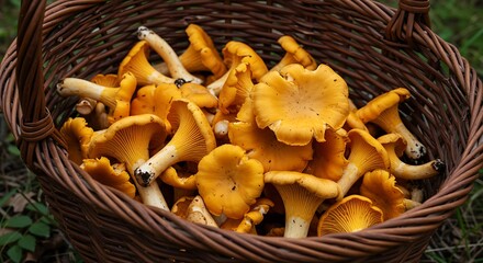 Close-up of a basket filled with fresh, vibrant, orange-yellow chanterelle mushrooms