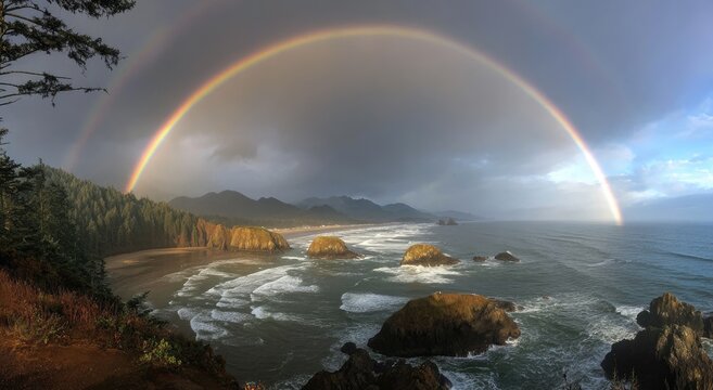 Ocean view with a vibrant rainbow, rocky outcrops, and cloudy skies above forest