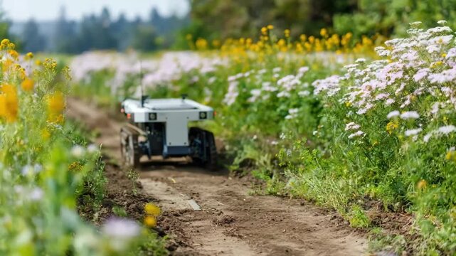 Medium shot of a solarpowered robotic weeding device autonomously navigating a field using sensors to identify and eliminate weeds under bright daylight.
