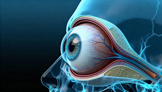Medically accurate 3D render of a cross-section of the human eye, showing the iris, lens, retina, and optic nerve within the orbit