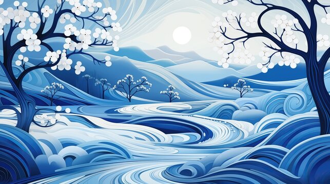 A flowing river with white blooming trees on both sides and rolling hills in the background in a blue color scheme with swirling light patterns.