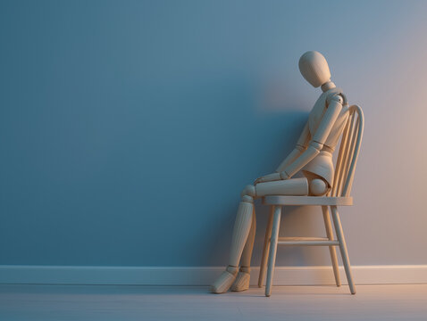 Wooden mannequin sitting quietly in calm atmosphere, soft blue lighting symbolizing mental health reflection, understanding, and emotional support against workplace or school isolation.