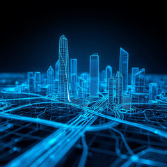 Rendering of a futuristic cityscape depicted in a glowing blue wireframe.