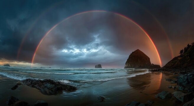 Coastal vista with double rainbow arching over ocean waves crashing on a sandy beach