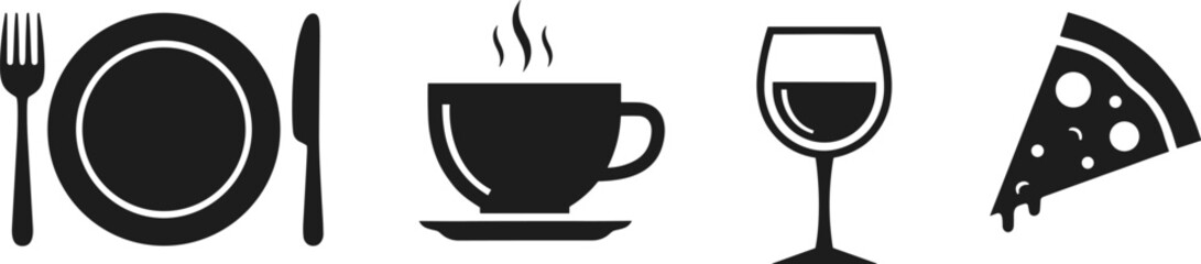 Dining icon set, fork knife plate, coffee cup, wine glass, pizza slice, black and white, flat vector illustration