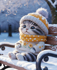An adorable 3D illustration of a fluffy, big eyed tabby kitten sitting on a snowy park bench. The kitten is bundled up warmly in a yellow and white knitted sweater. Perfect for holiday greetings.