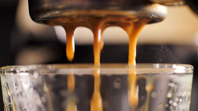 Aromatic espresso creation: Close-up of coffee pouring into a clear glass with hot steam revealing