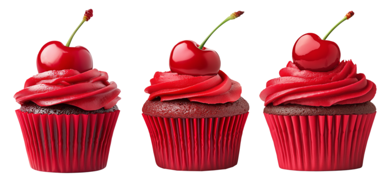 Chocolate cupcake with red frosting and cherry on top, isolated on white background, concept of dessert and sweets
