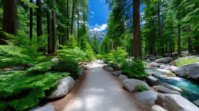 A Winding Dirt Path Through a Lush Green Conifer Forest with a Glistening Mountain Peak in the Distant Background Under a Bright Blue Sky with Dappled Sunlight