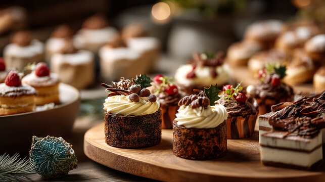 A delectable assortment of christmas desserts on a wooden serving board
