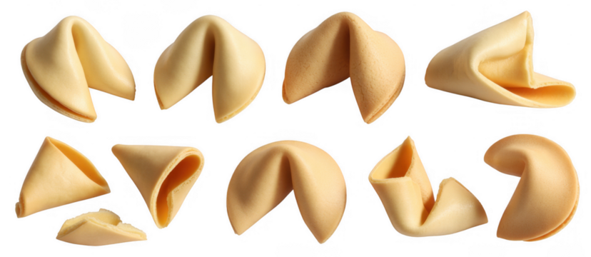 Golden fortune cookies scattered isolated on a transparent background