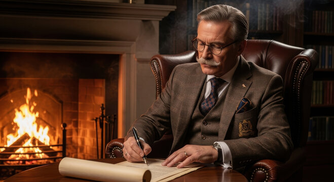 Senior man writing on parchment by a warm fireplace in a library.