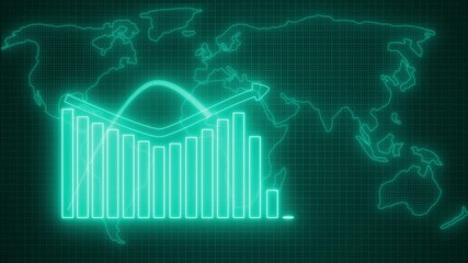 Futuristic Neon Light Bar Graph Animation, Glowing Bar Chart on World Map Background - Powered by Adobe