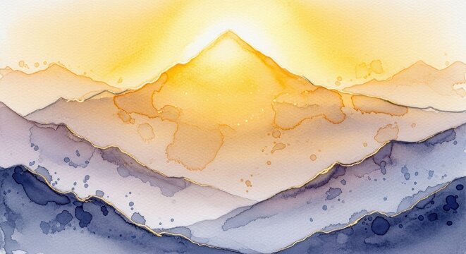Watercolor painting mountain landscape with warm sunset colors