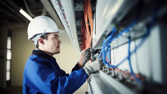 Side angle shot of an electrician in a hard hat and blue uniform working on cables, conveying a professional and technical video concept.