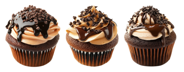 Chocolate cupcake topped with creamy frosting, chocolate syrup, and chips, isolated on white transparent background