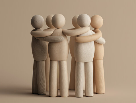 Wooden mannequins standing close, one being embraced back into group, concept of forgiveness, connection, and belonging in community or workplace.
