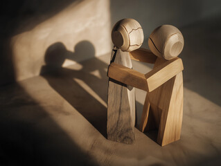 Wooden model under soft light surrounded by shadows, expressing vulnerability, compassion, and healing through emotional awareness and social connection.