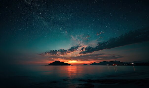 Starry night sky above still sea, with distant island and glow on horizon from setting sun