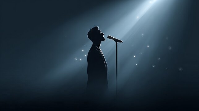 Silhouette of a male singer performing into a microphone under stage spotlights with soft bokeh lights dramatic live concert moment moody artistic music performance background for posters and banners