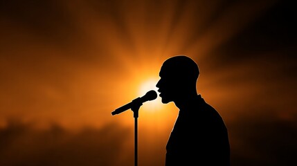 Silhouette of a male singer performing into a microphone under stage spotlights with soft bokeh lights dramatic live concert moment moody artistic music performance background for posters and banners