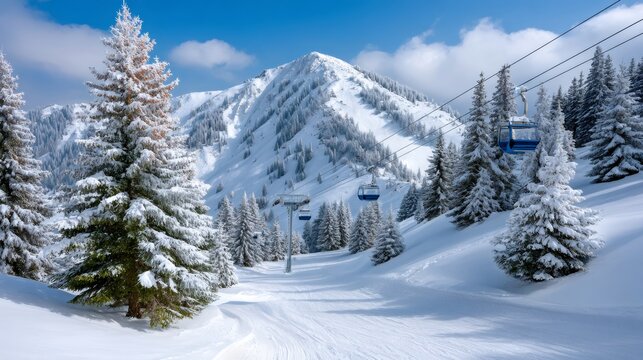 Ski resort gondola lifting across snowy mountain landscape