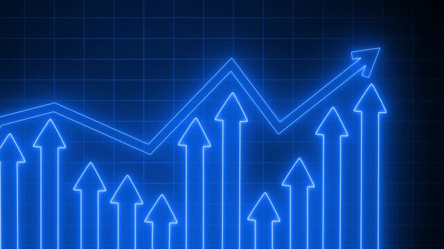 Neon Arrows Indicating Growth and Decline, Animated Bar Chart Background in Neon